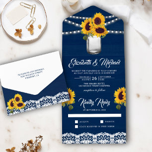 Navy Blue Wood Lace Sunflowers Mason Jar Wedding All In One Einladung