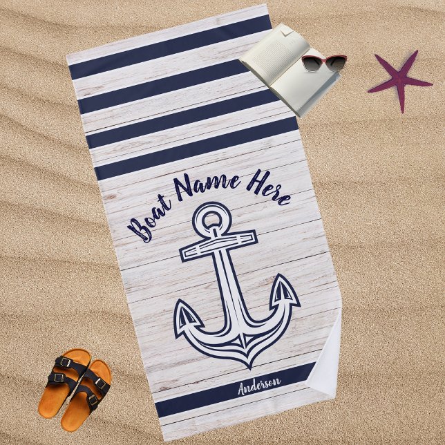 Navy Blue Wood Nautical Anchor Bootsname hinzufüge Strandtuch (Von Creator hochgeladen)