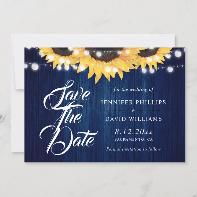 Navy Blue Wood String Lights Sunflower Wedding Save The Date (Vorderseite)