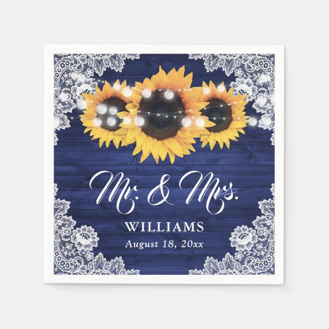 Navy Blue Wood Sunflower Floral Lace Wedding Serviette (Vorderseite)