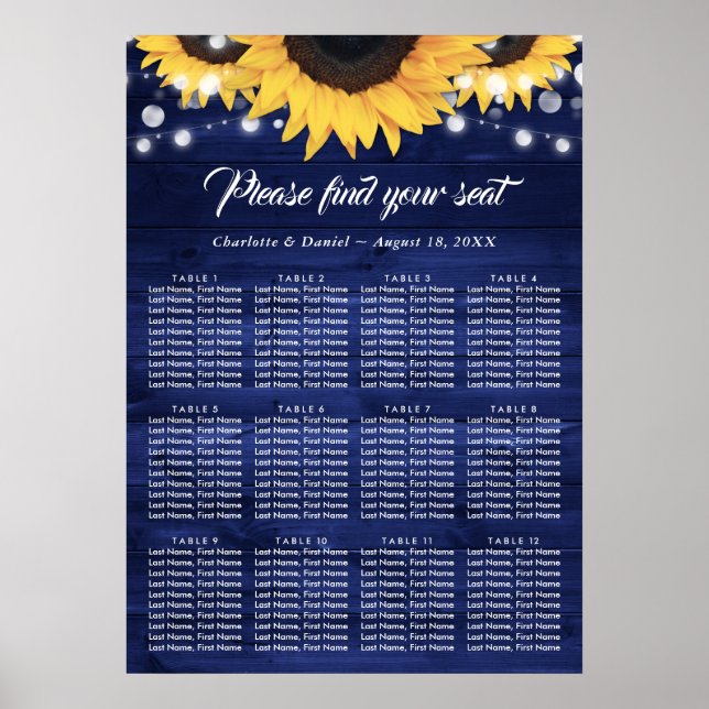 Navy Blue Wood Sunflower Wedding Seating Chart 12 Poster (Vorne)