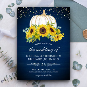 Navy Blue Wood White Pumpkin Sonnenblumen Hochzeit Einladung