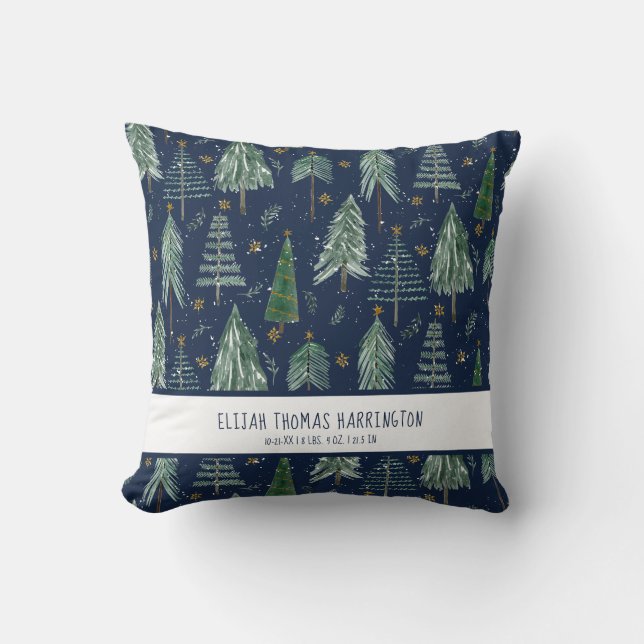 Navy Blue Woodland Foodland Snowing Baby Birth Sta Kissen (Vorderseite)