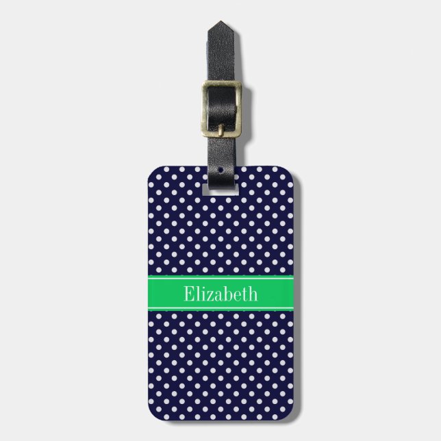 Navy Blue Wt Polka Dot Emerald Green Name Monogram Gepäckanhänger (Vorderseite vertikal)