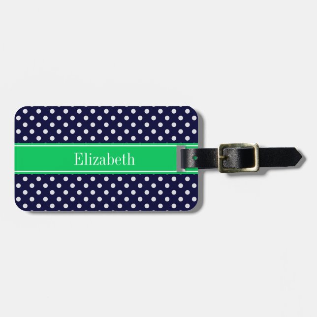 Navy Blue Wt Polka Dot Emerald Green Name Monogram Gepäckanhänger (Vorderseite horizontal)