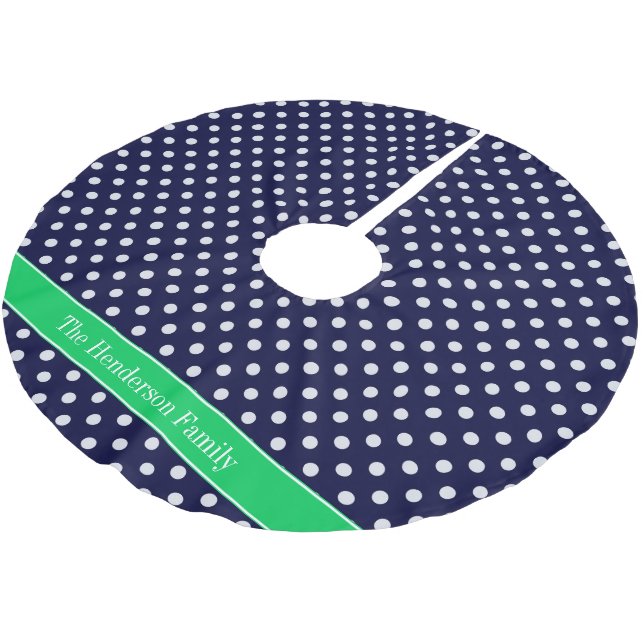Navy Blue Wt Polka Dot Emerald Green Name Monogram Polyester Weihnachtsbaumdecke (Schrägansicht)