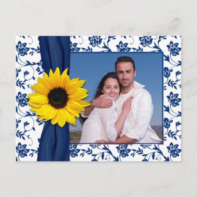 Navy Blue Yellow Damask Sonnenblume Save the Date Ankündigungspostkarte (Vorderseite)