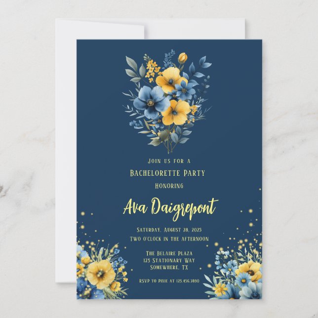 Navy Blue Yellow Floral Gold Junggeselinnen-Abschi Einladung (Vorderseite)