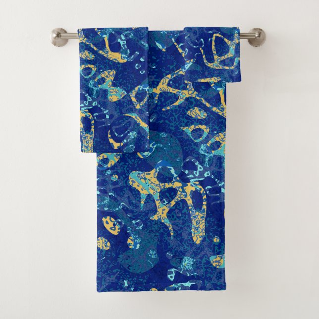 Navy Blue & Yellow Gepunktet Graphic Abstraction Badhandtuch Set (Insitu)