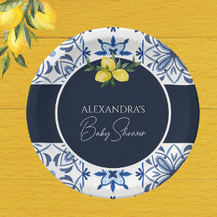 Navy Blue Yellow Lemon Baby Dusche Pappteller