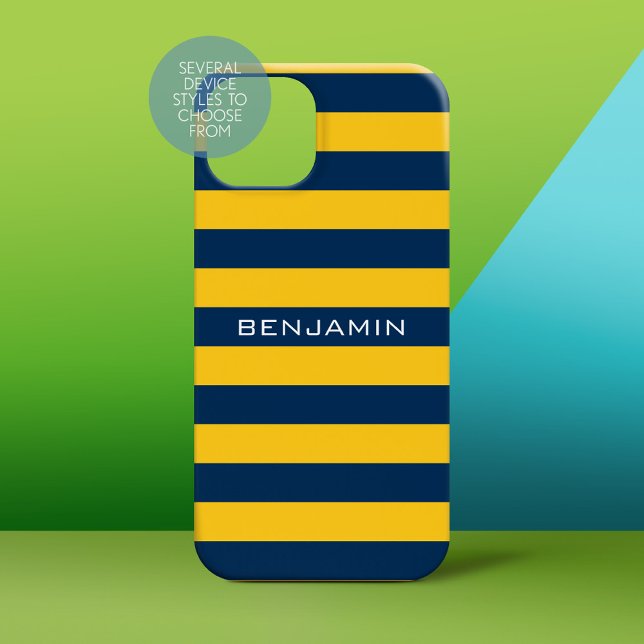 Navy Blue Yellow Rugby Stripes Individuelle Name Case-Mate iPhone Hülle (Personalized Phone Case)