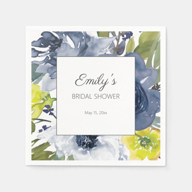 Navy Blue Yellow White Floral Brautparty Serviette (Vorderseite)