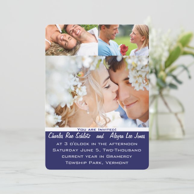 Navy Blue Your Foto Wedding Einladung (Stehend Vorderseite)