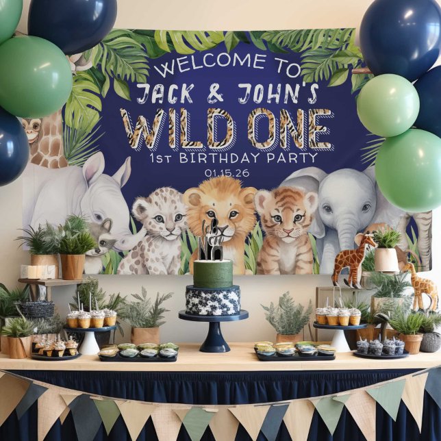 Navy Blue Zwillinge Dschungeltiere 1. Geburtstag B Banner (Navy Blue, Wild One Birthday Welcome sign and backdrop decoration.)