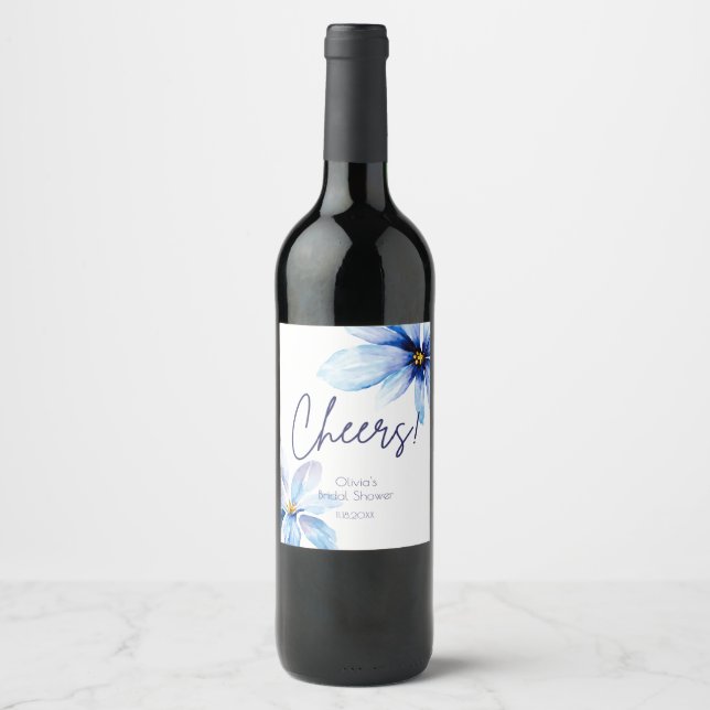 Navy Blume Minimalistisches elegantes Brautparty Weinetikett (Vorderseite)