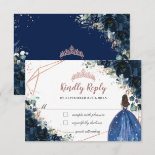 Navy Blume Rose Gold Prinzessin Quinceañera RSVP Karte