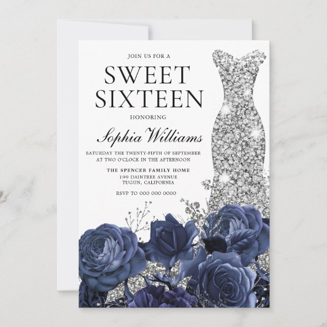 Navy Blume & Silver Diamond Dress Sweet 16 Party Einladung (Vorderseite)