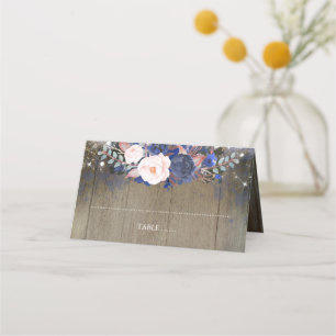 Navy Blume und String Lights rustikal Platzkarte