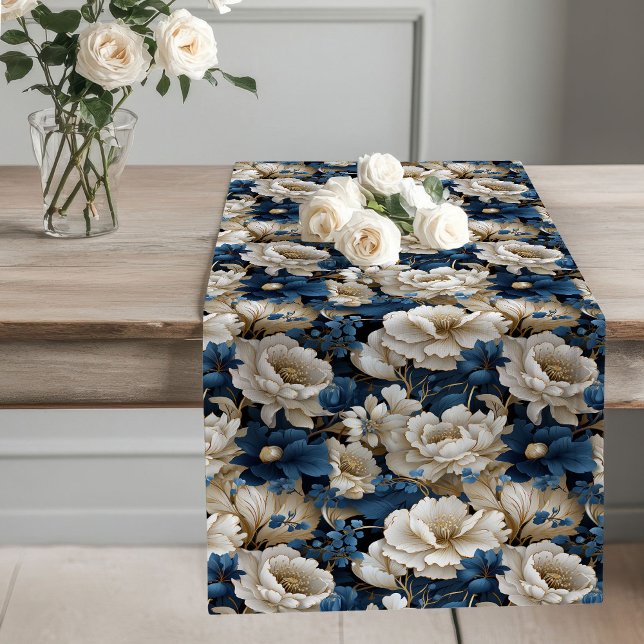 Navy Blumen Elfenbein Tischläufer (Navy Flowers Ivory Dining Table Runner)