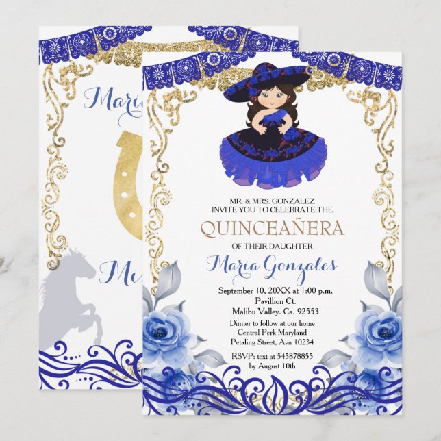 Navy Blumen Gold Quinceanera Einladung (Vorne/Hinten)