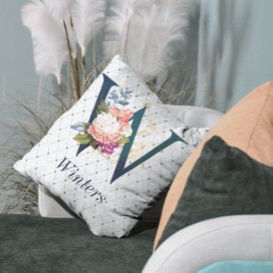 Navy Blumen Monogramm W Zierkissen