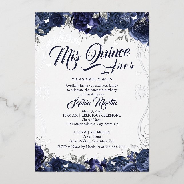 Navy Blumengarten Silver Mis Quince Quinceanera Folieneinladung (Vorderseite)