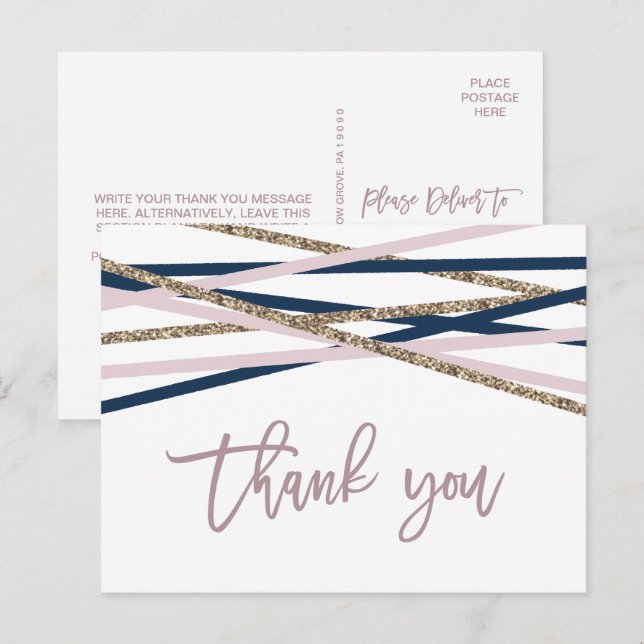 Navy Blush and Gold Streamer Vielen Dank Postkarte (Vorne/Hinten)