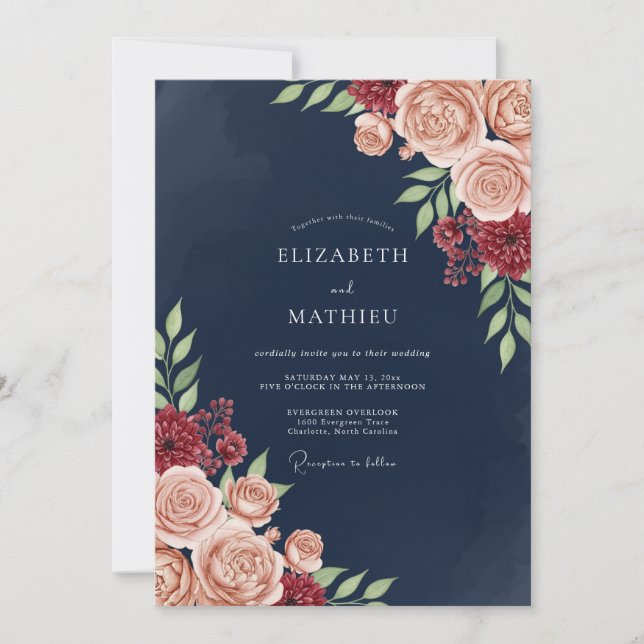 Navy Blush Bloom Romantik-Hochzeit Einladung (Vorderseite)
