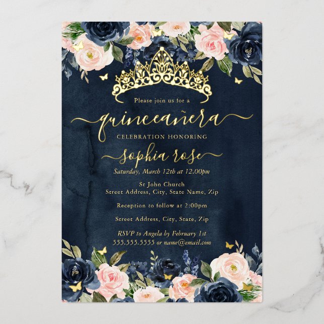 Navy Blush Bloral Golden Butterfly Quinceanera Folieneinladung (Vorderseite)