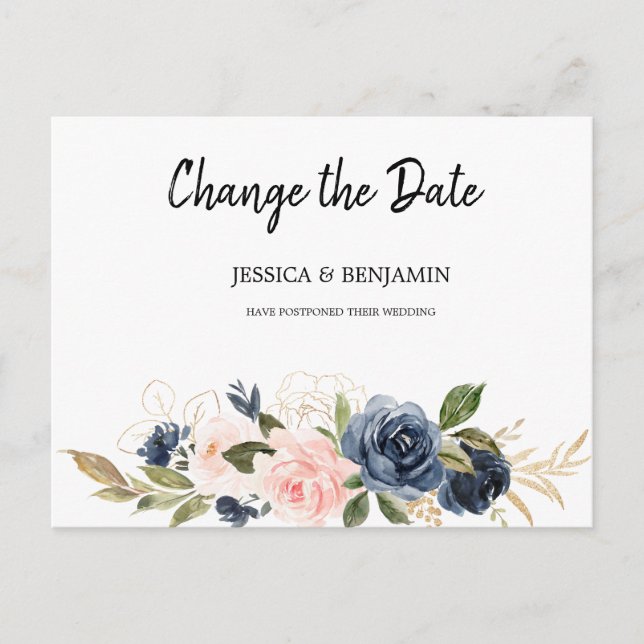 Navy Blush Blossom Blumenwechsel Datum Postkarte (Vorderseite)