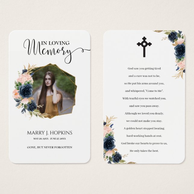 Navy Blush Blossom Photo Memorial Prayer Cards (Vorne & Hinten)