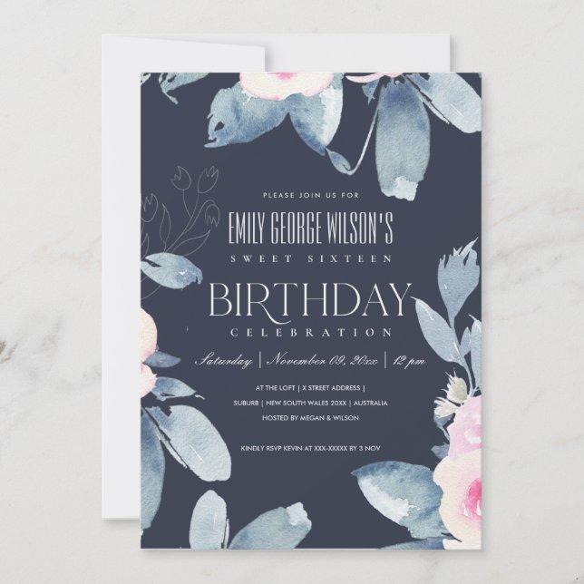 NAVY BLUSH BLUE BLUE FLORAL SWEET 16 JEDEN ALTER G EINLADUNG (Vorderseite)