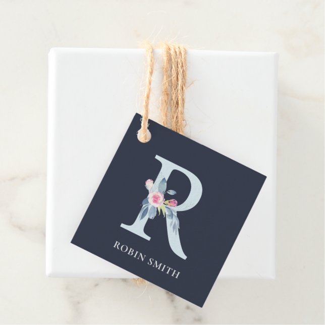 NAVY BLUSH BLUE FLORAL ALPHABETS NAME LETTER R GESCHENKANHÄNGER (Beispiel)
