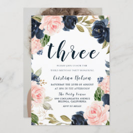 Navy Blush Blume 3. Geburtstag Party Boy oder Girl Einladung