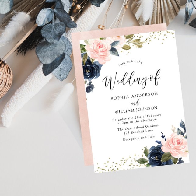 Navy & Blush Blume Glitzer Einladung Hochzeit (Von Creator hochgeladen)