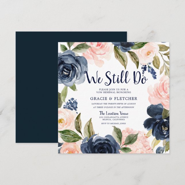 Navy Blush Blume wir machen noch immer eine Erneue Einladung (Vorne/Hinten)