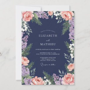 Navy-Blush-Blumen-Hochzeit Einladung
