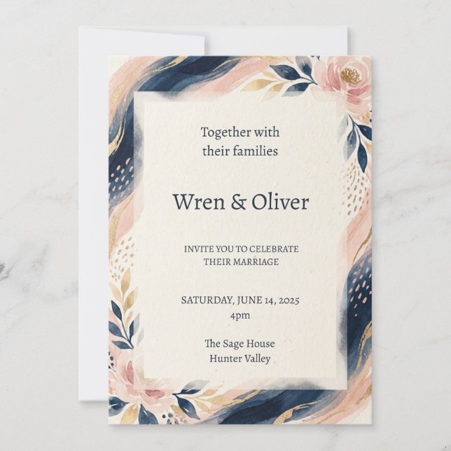 Navy Blush Bogen Hochzeit Einladung (Vorderseite)
