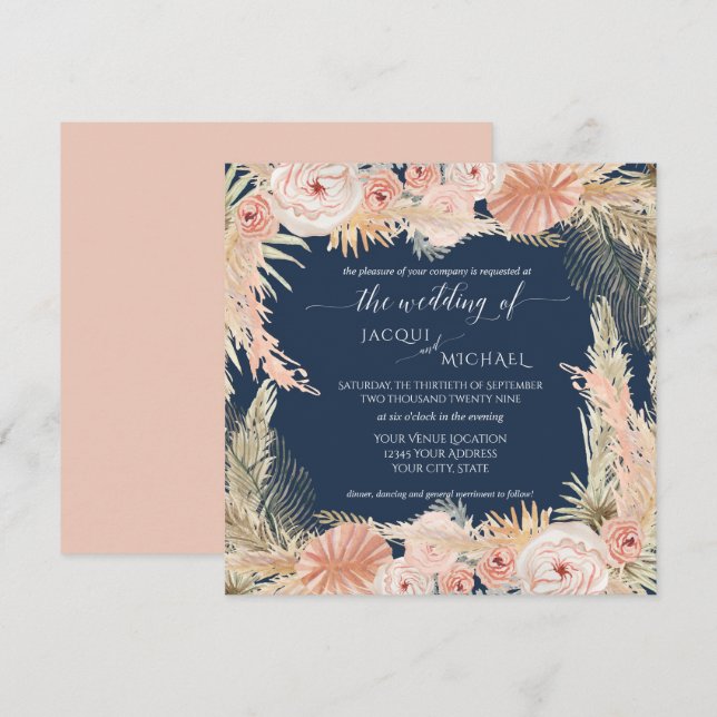 Navy Blush BOHO Rose Peony Floral Pampas Grass Einladung (Vorne/Hinten)