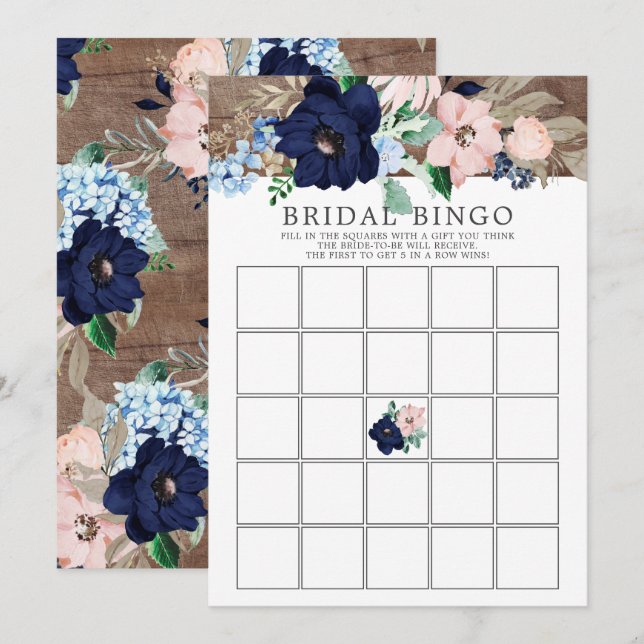 Navy & Blush Brautparty BINGO Einladung (Vorne/Hinten)