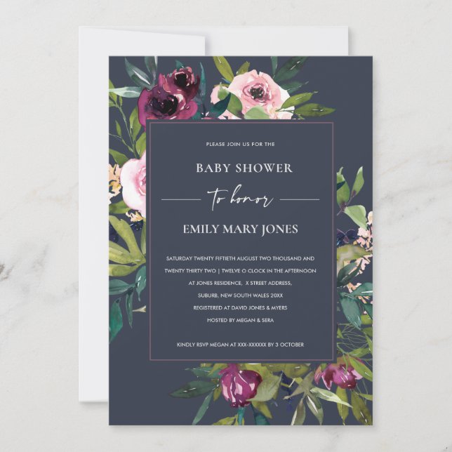 NAVY BLUSH BURGUNDY FLORAL BUNCH BABY SHOWY EINLADUNG (Vorderseite)