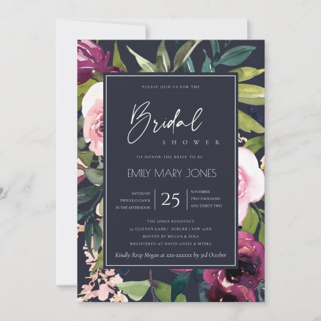 NAVY BLUSH BURGUNDY FLORAL BUNCH BRAUTPARTY EINLADUNG (Vorderseite)