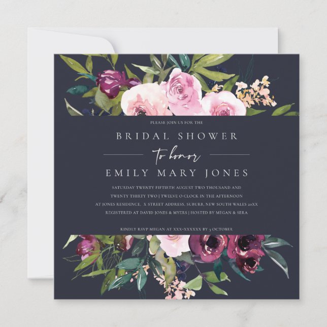 NAVY BLUSH BURGUNDY FLORAL BUNCH BRAUTPARTY EINLADUNG (Vorderseite)