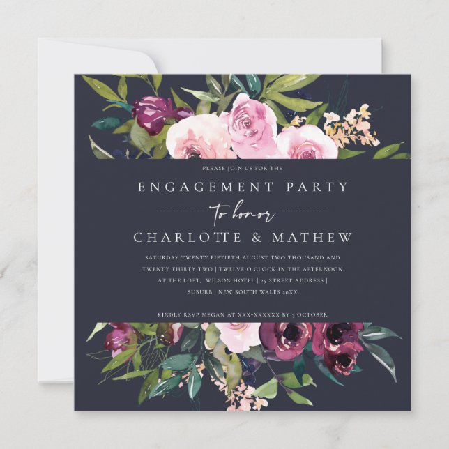 NAVY BLUSH BURGUNDY FLORAL BUNCH BRAUTPARTY EINLADUNG (Vorderseite)