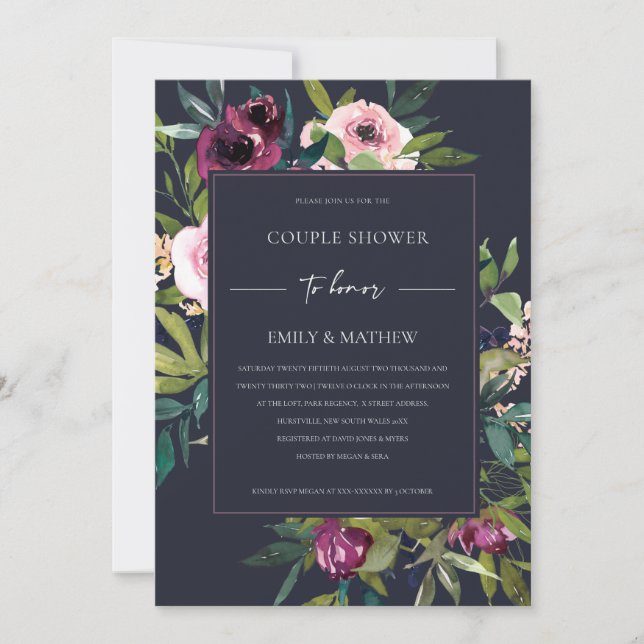 NAVY BLUSH BURGUNDY FLORAL BUNCH COUPLE SHOWY EINLADUNG (Vorderseite)