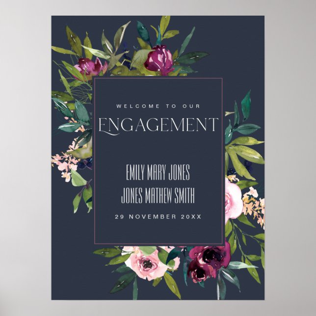 NAVY BLUSH BURGUNDY FLORAL VERLOBUNG WILLKOMMEN POSTER (Vorne)