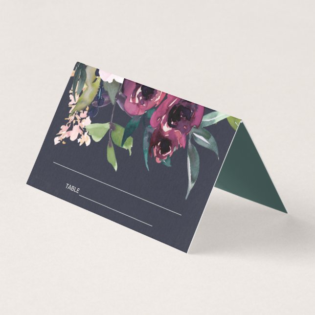 NAVY BLUSH BURGUNDY FLORAL WEDD PLATZKARTEN (Vorderseite)