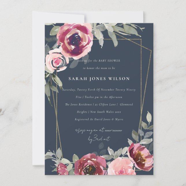 NAVY BLUSH BURGUNDY ROSE FLORAL BABY SHOWITE EINLA DANKESKARTE (Vorderseite)