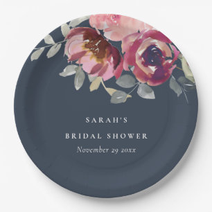 NAVY BLUSH BURGUNDY ROSE FLORAL BRAUTPARTY PAPPTELLER
