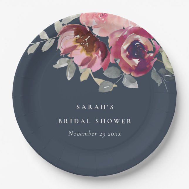 NAVY BLUSH BURGUNDY ROSE FLORAL BRAUTPARTY PAPPTELLER (Vorderseite)